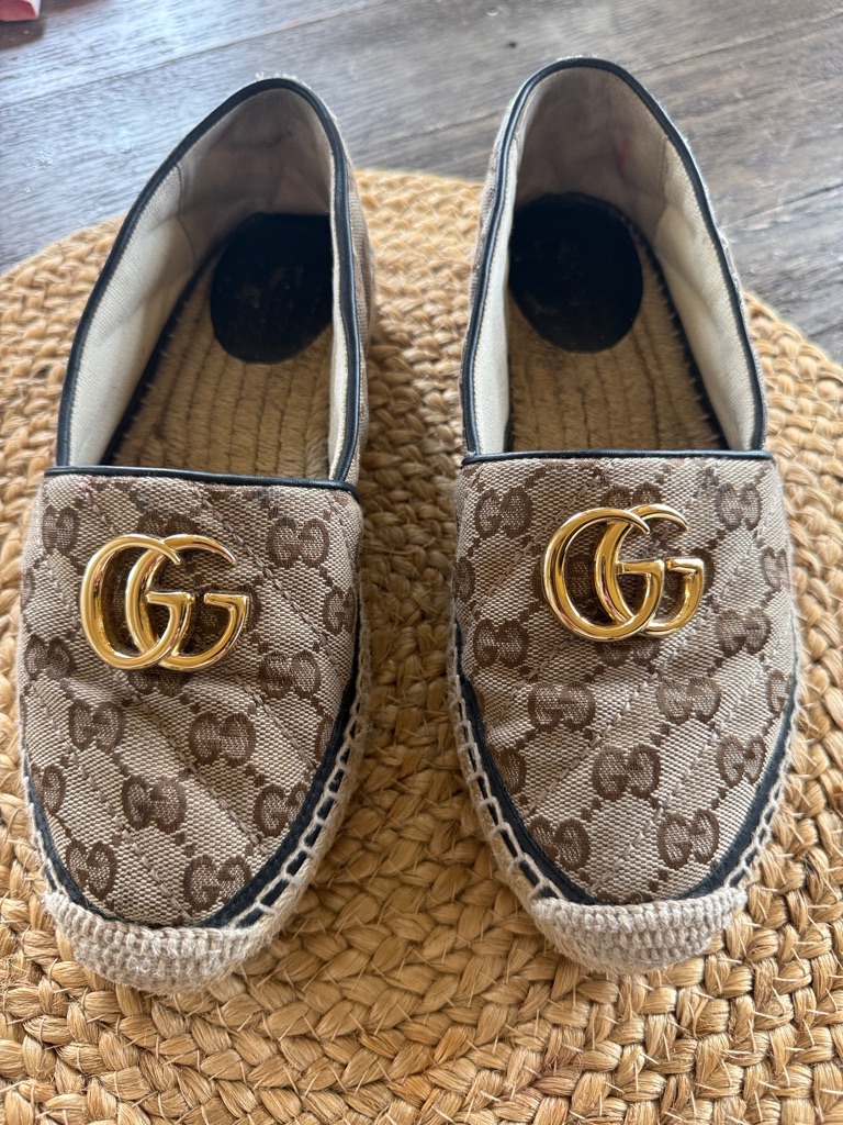 Gucci Gold Brown Espadrilles Gg Logo Designer Shoes Size 36